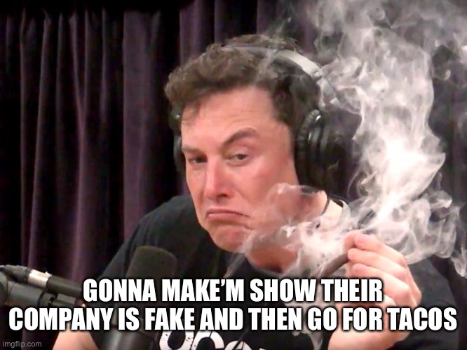 Elon Musk Weed | GONNA MAKE’M SHOW THEIR COMPANY IS FAKE AND THEN GO FOR TACOS | image tagged in elon musk weed | made w/ Imgflip meme maker