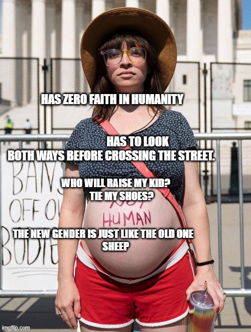 Crazy lady | HAS ZERO FAITH IN HUMANITY                                                                                          HAS TO LOOK BOTH WAYS BEFORE CROSSING THE STREET. WHO WILL RAISE MY KID?          TIE MY SHOES?                                                          
 THE NEW GENDER IS JUST LIKE THE OLD ONE              
 SHEEP | image tagged in crazy lady | made w/ Imgflip meme maker