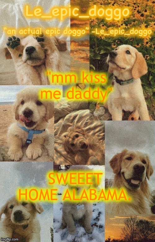 Doggo temp by doggo. Wait what that’s confusing | "mm kiss me daddy"; SWEEET HOME ALABAMA. | image tagged in doggo temp by doggo wait what that s confusing | made w/ Imgflip meme maker