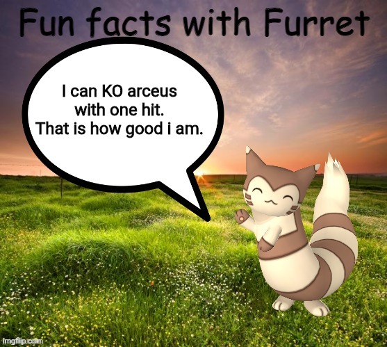 Fun facts with Furret | I can KO arceus with one hit. That is how good i am. | image tagged in fun facts with furret | made w/ Imgflip meme maker