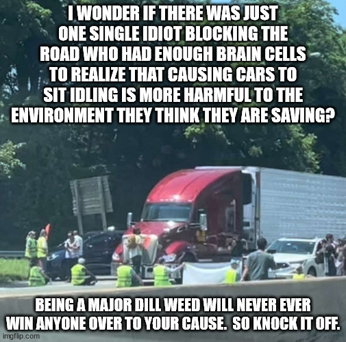 Blocking roads is the absolute dumbest idea ever conceived by these morons. | I WONDER IF THERE WAS JUST ONE SINGLE IDIOT BLOCKING THE ROAD WHO HAD ENOUGH BRAIN CELLS TO REALIZE THAT CAUSING CARS TO SIT IDLING IS MORE HARMFUL TO THE ENVIRONMENT THEY THINK THEY ARE SAVING? BEING A MAJOR DILL WEED WILL NEVER EVER WIN ANYONE OVER TO YOUR CAUSE.  SO KNOCK IT OFF. | image tagged in blocking roads,releases more,greenhouse gases,idiots | made w/ Imgflip meme maker