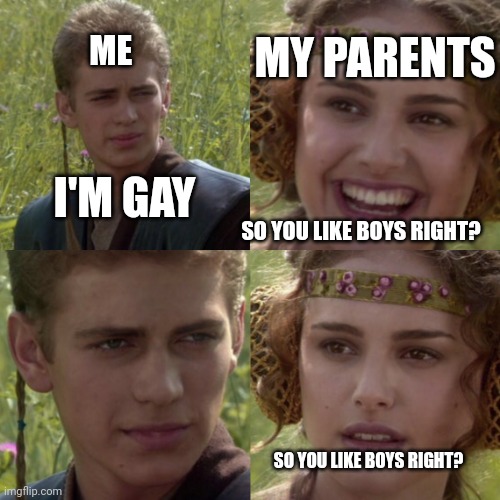 For the better right blank | MY PARENTS; ME; I'M GAY; SO YOU LIKE BOYS RIGHT? SO YOU LIKE BOYS RIGHT? | image tagged in for the better right blank,egg_irl | made w/ Imgflip meme maker