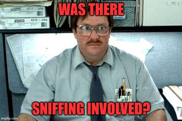 I Believe You Have My Stapler | WAS THERE SNIFFING INVOLVED? | image tagged in i believe you have my stapler | made w/ Imgflip meme maker