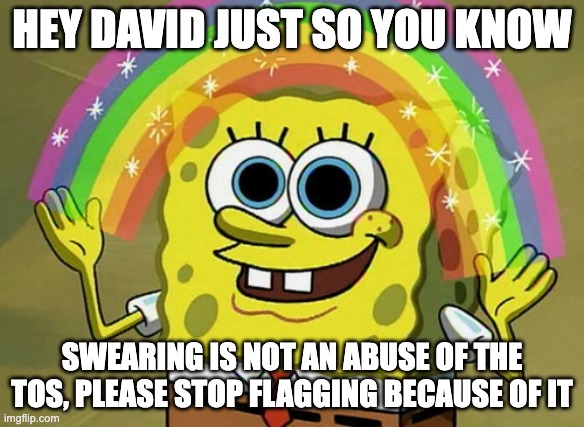 Imagination Spongebob Meme | HEY DAVID JUST SO YOU KNOW; SWEARING IS NOT AN ABUSE OF THE TOS, PLEASE STOP FLAGGING BECAUSE OF IT | image tagged in memes,imagination spongebob | made w/ Imgflip meme maker