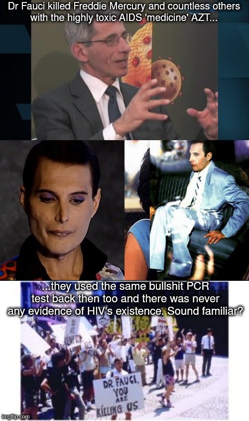 PCR>HIV>AZT>AIDS | Dr Fauci killed Freddie Mercury and countless others
with the highly toxic AIDS 'medicine' AZT... ...they used the same bullshit PCR test back then too and there was never any evidence of HIV's existence. Sound familiar? | made w/ Imgflip meme maker