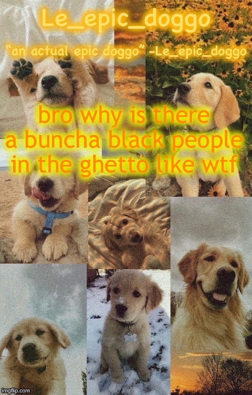 Doggo temp by doggo. Wait what that’s confusing | bro why is there a buncha black people in the ghetto like wtf | image tagged in doggo temp by doggo wait what that s confusing | made w/ Imgflip meme maker
