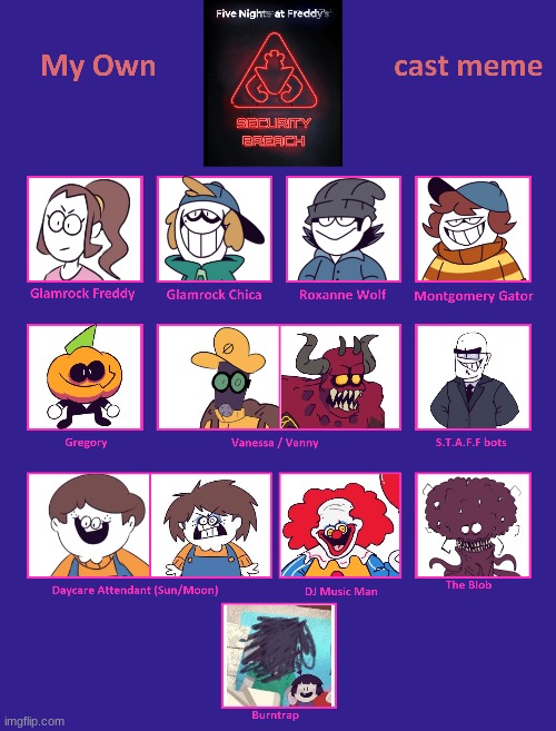 Moon and Vanessa being the same character.. ehh.. don't think about it | image tagged in five nights at freddy's,fnaf,fnaf security breach,spooky month,sr pelo,cast meme | made w/ Imgflip meme maker