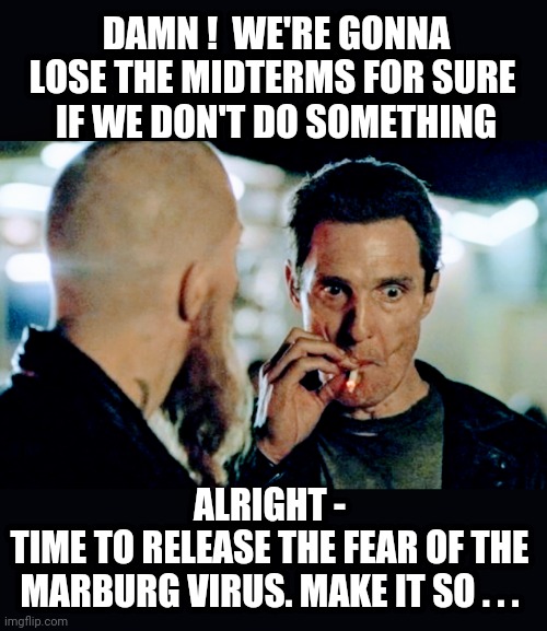Fear Mongers for Votes | DAMN !  WE'RE GONNA LOSE THE MIDTERMS FOR SURE 
IF WE DON'T DO SOMETHING; ALRIGHT -
TIME TO RELEASE THE FEAR OF THE MARBURG VIRUS. MAKE IT SO . . . | image tagged in liberals,vote 2020,leftists,democrats,congress,biden | made w/ Imgflip meme maker