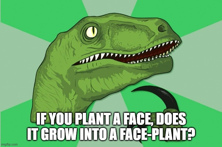 new philosoraptor | IF YOU PLANT A FACE, DOES IT GROW INTO A FACE-PLANT? | image tagged in new philosoraptor | made w/ Imgflip meme maker
