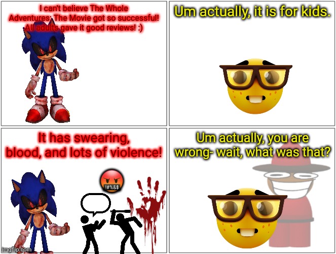 That One Emoji | I can't believe The Whole Adventures: The Movie got so successful! All adults gave it good reviews! :); Um actually, it is for kids. It has swearing, blood, and lots of violence! Um actually, you are wrong- wait, what was that? 🤬 | image tagged in memes,nerd,movies,swearing,nerd emoji,violence | made w/ Imgflip meme maker