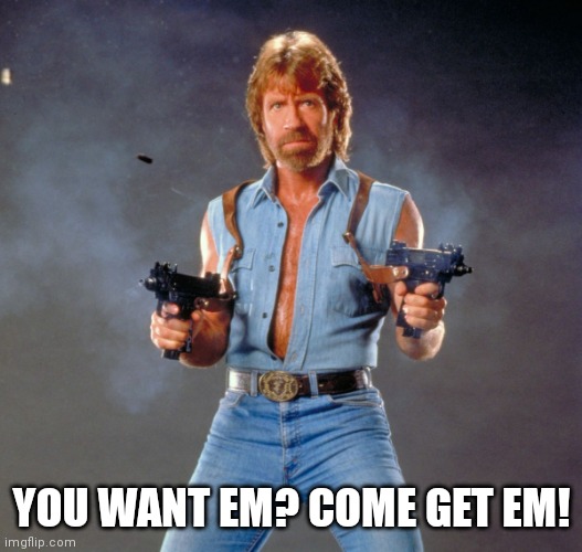 Chuck Norris Guns Meme | YOU WANT EM? COME GET EM! | image tagged in memes,chuck norris guns,chuck norris | made w/ Imgflip meme maker
