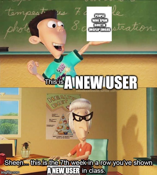 Sheen's show and tell | A NEW USER A NEW USER PEOPLE WHO SPAM BUILT IN IMGFLIP EMOJIS | image tagged in sheen's show and tell | made w/ Imgflip meme maker