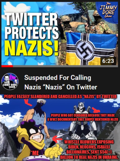 You can call everyone a Nazi but Azov. Oy Vey. Hey Mossad, we know you're trying to ethnically cleanse Ukraine 4 backup Israel. | PEOPLE FALSELY SLANDERED AND CANCELLED AS "NAZIS" BY TWITTER; PEOPLE WHO GOT CENSORED BECAUSE THEY MADE A WW2 DOCUMENTARY THAT SIMPLY MENTIONED NAZIS; WHISTLE BLOWERS EXPOSING BIDEN, NEOCONS, ISRAELI BILLIONAIRES, SENT $54(+) BILLION TO REAL NAZIS IN UKRAINE. *ME | made w/ Imgflip meme maker