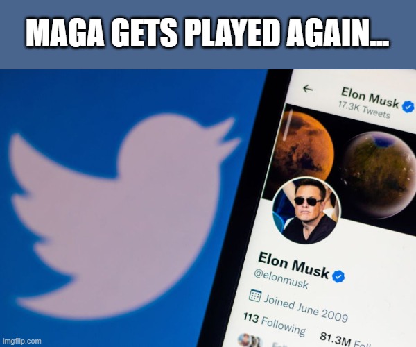 Elon Musk plays MAGA as fools utilizing Trump's own playbook... | MAGA GETS PLAYED AGAIN... | image tagged in trump,elon musk,twitter takeover,political saviour,the big lie,propaganda | made w/ Imgflip meme maker