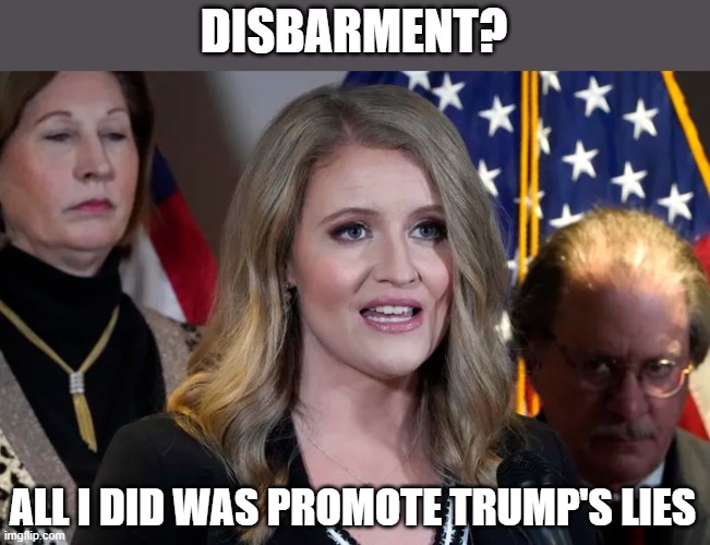Trump's 'election fraud' co-conspirator lawyers face disbarment for lies.. | DISBARMENT? ALL I DID WAS PROMOTE TRUMP'S LIES | image tagged in trump,election 2020,the big lie,sidney powell,jenna ellis,gop corruption | made w/ Imgflip meme maker
