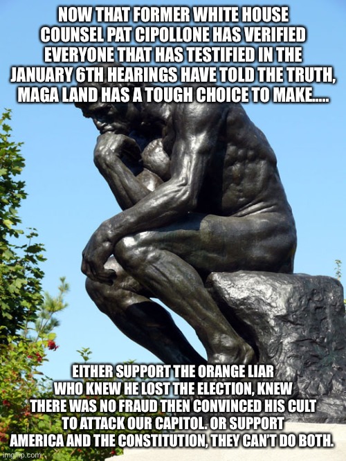 The Thinker | NOW THAT FORMER WHITE HOUSE COUNSEL PAT CIPOLLONE HAS VERIFIED EVERYONE THAT HAS TESTIFIED IN THE JANUARY 6TH HEARINGS HAVE TOLD THE TRUTH, MAGA LAND HAS A TOUGH CHOICE TO MAKE….. EITHER SUPPORT THE ORANGE LIAR WHO KNEW HE LOST THE ELECTION, KNEW THERE WAS NO FRAUD THEN CONVINCED HIS CULT TO ATTACK OUR CAPITOL. OR SUPPORT AMERICA AND THE CONSTITUTION, THEY CAN’T DO BOTH. | image tagged in the thinker | made w/ Imgflip meme maker