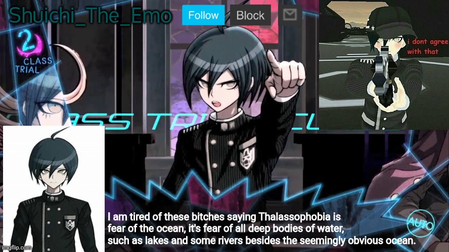 Shuichi blank dialogue | Shuichi_The_Emo; I am tired of these bitches saying Thalassophobia is fear of the ocean, it's fear of all deep bodies of water, such as lakes and some rivers besides the seemingly obvious ocean. | image tagged in shuichi blank dialogue | made w/ Imgflip meme maker