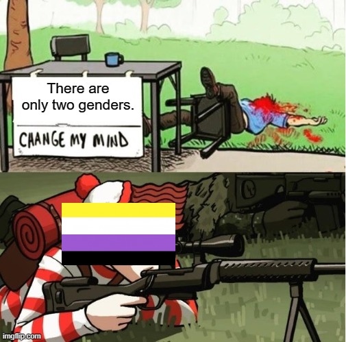 There are more then just 2 genders. | There are only two genders. | image tagged in waldo shoots the change my mind guy,lgbtq,acceptance,funny,memes | made w/ Imgflip meme maker
