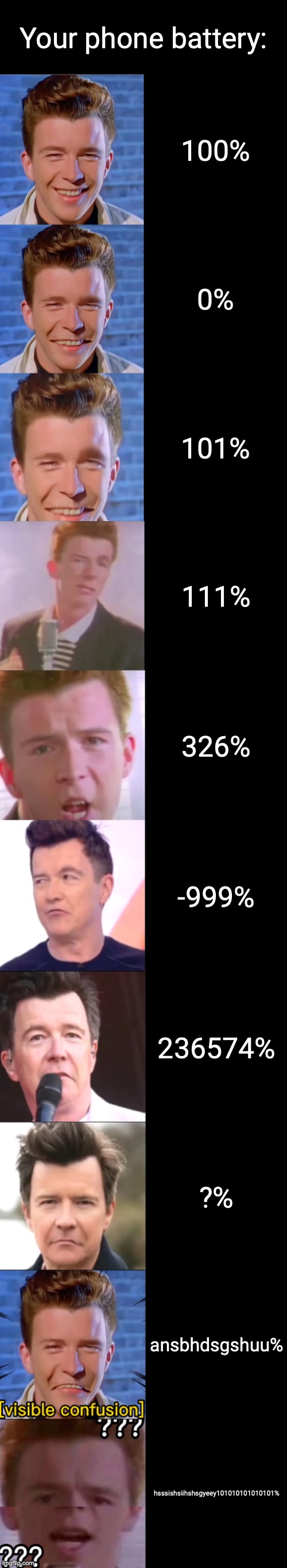 Rick Astley Becoming Confused | Your phone battery:; 100%; 0%; 101%; 111%; 326%; -999%; 236574%; ?%; ansbhdsgshuu%; hsssishsiihshsgyeey101010101010101% | image tagged in rick astley becoming confused,rick astley,confused potion | made w/ Imgflip meme maker