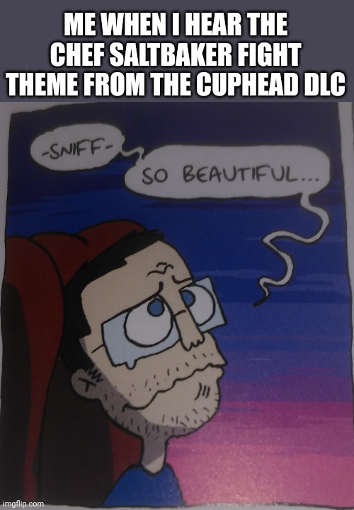 Cuphead DLC yeaaaaah | ME WHEN I HEAR THE CHEF SALTBAKER FIGHT THEME FROM THE CUPHEAD DLC | image tagged in so beautiful guy | made w/ Imgflip meme maker