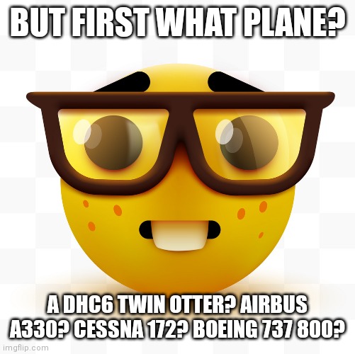 BUT FIRST WHAT PLANE? A DHC6 TWIN OTTER? AIRBUS A330? CESSNA 172? BOEING 737 800? | image tagged in nerd emoji | made w/ Imgflip meme maker