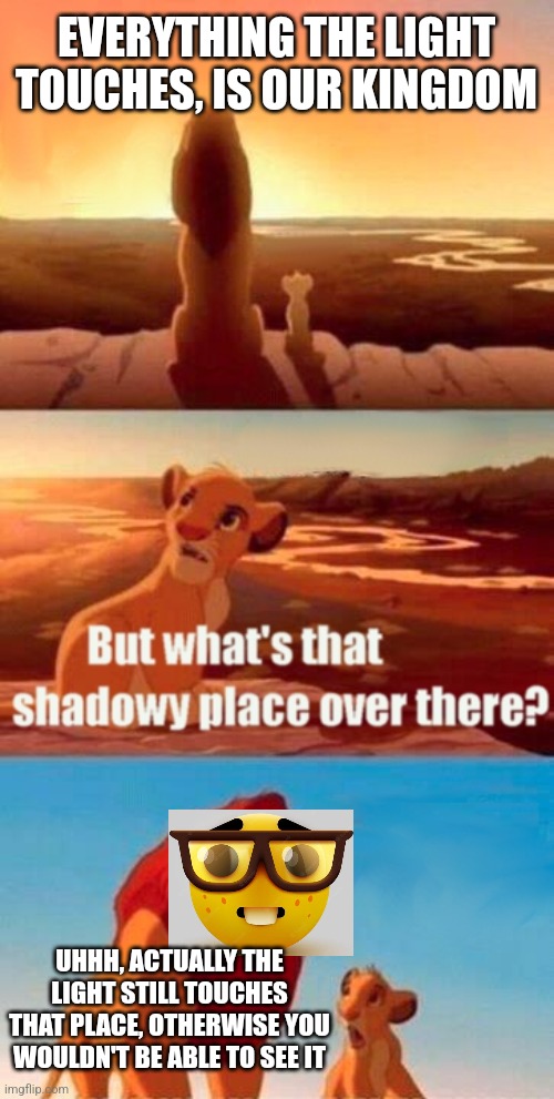 Nerd moment #1 | EVERYTHING THE LIGHT TOUCHES, IS OUR KINGDOM; UHHH, ACTUALLY THE LIGHT STILL TOUCHES THAT PLACE, OTHERWISE YOU WOULDN'T BE ABLE TO SEE IT | image tagged in memes,simba shadowy place | made w/ Imgflip meme maker