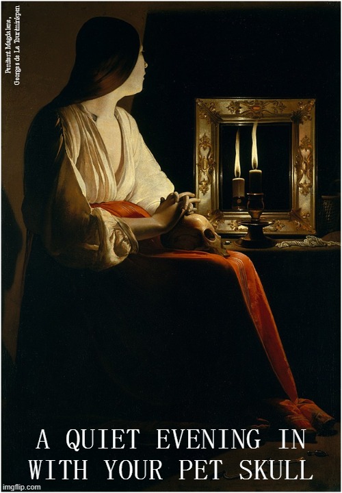 Skull | Penitent Magdalene, Georges de La Tour/minkpen; A QUIET EVENING IN
WITH YOUR PET SKULL | image tagged in art memes,baroque,hobbies,pets,night in,lonely | made w/ Imgflip meme maker
