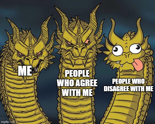 EVERY POLITICAL MEME EVER | PEOPLE WHO AGREE WITH ME; ME; PEOPLE WHO DISAGREE WITH ME | image tagged in three dragons | made w/ Imgflip meme maker