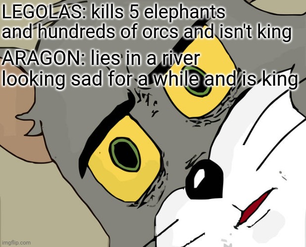 Unsettled Tom Meme | LEGOLAS: kills 5 elephants and hundreds of orcs and isn't king ARAGON: lies in a river looking sad for a while and is king | image tagged in memes,unsettled tom | made w/ Imgflip meme maker