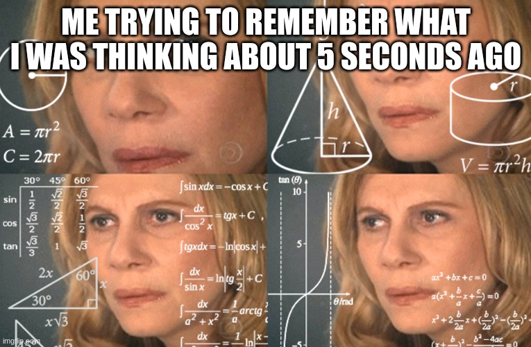 CONFUSED MATH LADY | ME TRYING TO REMEMBER WHAT I WAS THINKING ABOUT 5 SECONDS AGO | image tagged in confused math lady | made w/ Imgflip meme maker