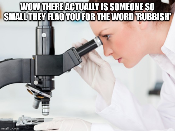 Scientist Microscope | WOW THERE ACTUALLY IS SOMEONE SO SMALL THEY FLAG YOU FOR THE WORD 'RUBBISH' | image tagged in scientist microscope | made w/ Imgflip meme maker