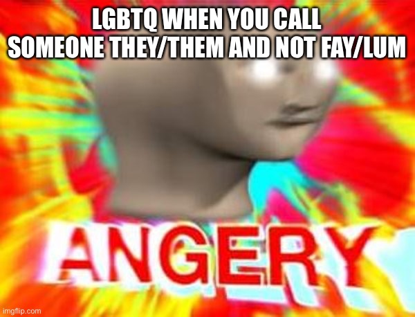 Surreal Angery | LGBTQ WHEN YOU CALL SOMEONE THEY/THEM AND NOT FAY/LUM | image tagged in surreal angery | made w/ Imgflip meme maker