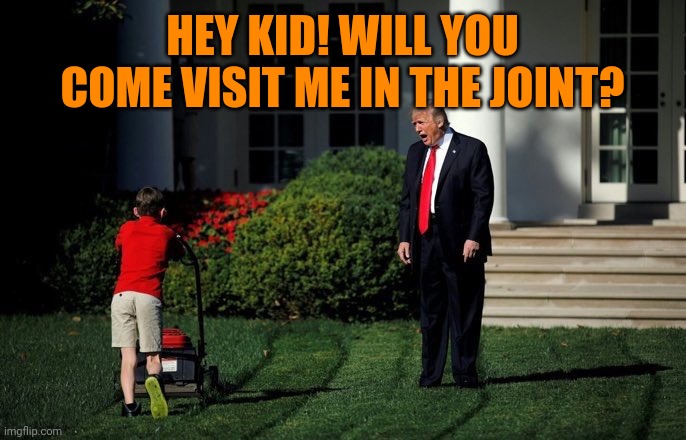 He can still throw his food against his cell wall at least | HEY KID! WILL YOU COME VISIT ME IN THE JOINT? | image tagged in trump lawn mower | made w/ Imgflip meme maker