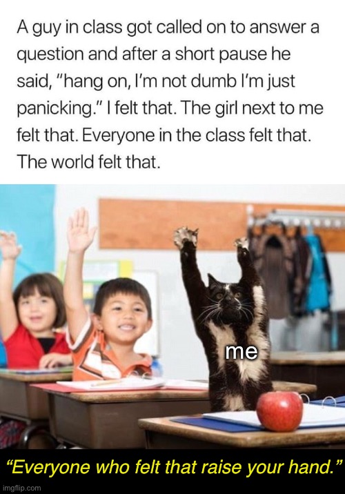 Been there…Done that…Have the t-shirt. | me; “Everyone who felt that raise your hand.” | image tagged in funny memes,introverts,school,embarrassed,panic attack | made w/ Imgflip meme maker