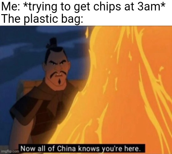 ø |  Me: *trying to get chips at 3am*
The plastic bag: | image tagged in now all of china knows you're here,memes,3 am | made w/ Imgflip meme maker