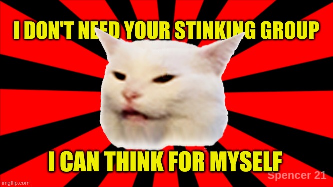 Get Smudged. | I CAN THINK FOR MYSELF | image tagged in smudgeburst your stinking group,smudge the cat,smudge,group,meanwhile on imgflip | made w/ Imgflip meme maker