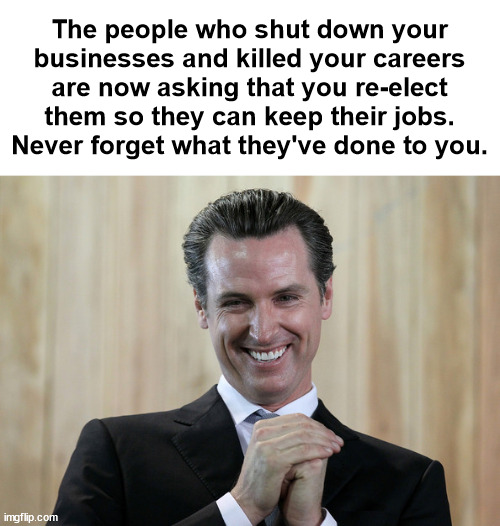 Newsom is just one of several mostly governors and mayors who tyrannically killed businesses and killed jobs. | The people who shut down your businesses and killed your careers are now asking that you re-elect them so they can keep their jobs. Never forget what they've done to you. | image tagged in scheming gavin newsom,opportunistic tyrants,killing a good economy | made w/ Imgflip meme maker