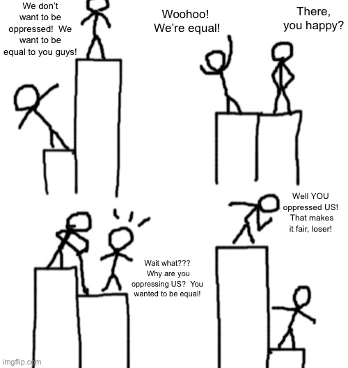 This is very political. | We don’t want to be oppressed!  We want to be equal to you guys! There, you happy? Woohoo!  We’re equal! Well YOU oppressed US!  That makes it fair, loser! Wait what???  Why are you oppressing US?  You wanted to be equal! | made w/ Imgflip meme maker