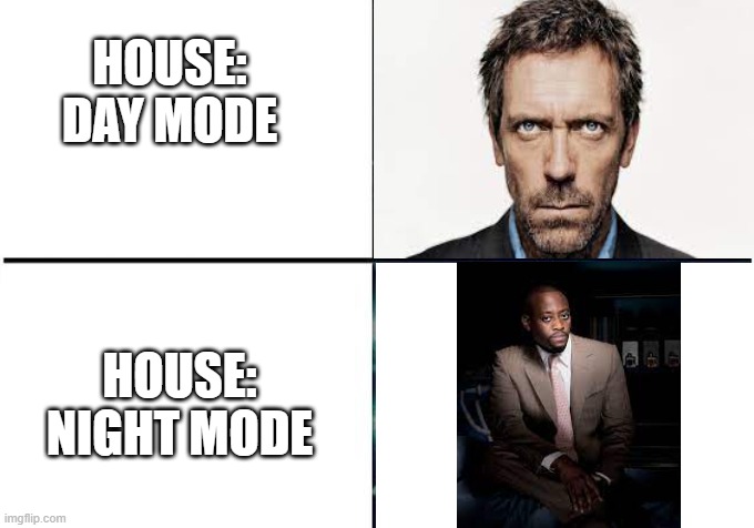 when you stay up late to watch your favorite doctor procedural drama | HOUSE: DAY MODE; HOUSE: NIGHT MODE | image tagged in house | made w/ Imgflip meme maker