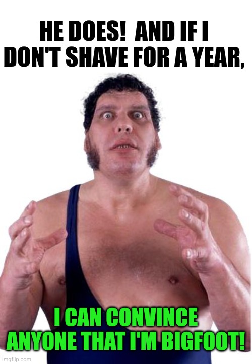 Andre the Giant | HE DOES!  AND IF I DON'T SHAVE FOR A YEAR, I CAN CONVINCE ANYONE THAT I'M BIGFOOT! | image tagged in andre the giant | made w/ Imgflip meme maker