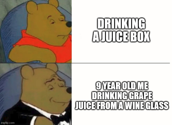 Fancy Winnie The Pooh Meme | DRINKING A JUICE BOX; 9 YEAR OLD ME DRINKING GRAPE JUICE FROM A WINE GLASS | image tagged in fancy winnie the pooh meme | made w/ Imgflip meme maker