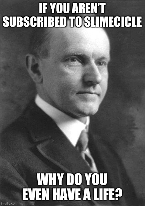Sub to Slimecicle | IF YOU AREN’T SUBSCRIBED TO SLIMECICLE; WHY DO YOU EVEN HAVE A LIFE? | image tagged in calvin coolidge original | made w/ Imgflip meme maker