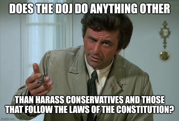 Apparently not. | DOES THE DOJ DO ANYTHING OTHER; THAN HARASS CONSERVATIVES AND THOSE THAT FOLLOW THE LAWS OF THE CONSTITUTION? | image tagged in columbo | made w/ Imgflip meme maker