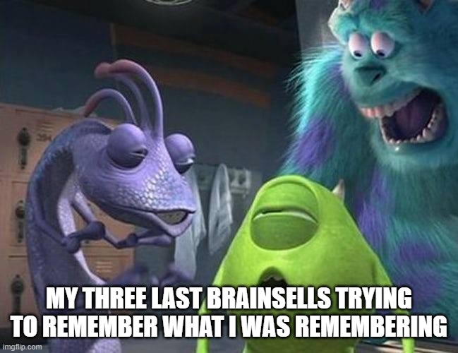 Monsters inc | MY THREE LAST BRAINSELLS TRYING TO REMEMBER WHAT I WAS REMEMBERING | image tagged in monsters inc | made w/ Imgflip meme maker