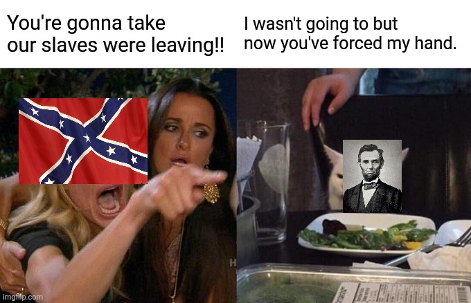 Woman Yelling At Cat Meme | You're gonna take our slaves were leaving!! I wasn't going to but now you've forced my hand. | image tagged in memes,woman yelling at cat,confederacy,abraham lincoln | made w/ Imgflip meme maker