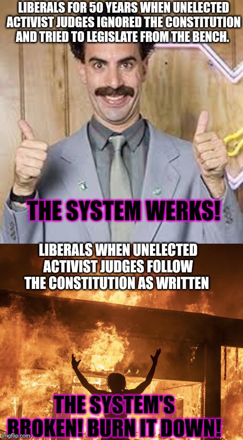 Liberal problems | LIBERALS FOR 50 YEARS WHEN UNELECTED ACTIVIST JUDGES IGNORED THE CONSTITUTION AND TRIED TO LEGISLATE FROM THE BENCH. THE SYSTEM WERKS! LIBERALS WHEN UNELECTED ACTIVIST JUDGES FOLLOW THE CONSTITUTION AS WRITTEN; THE SYSTEM'S BROKEN! BURN IT DOWN! | image tagged in liberal,problems,lol,abortion | made w/ Imgflip meme maker