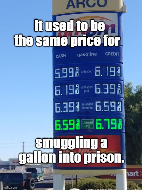 Gas Prices | It used to be the same price for; smuggling a gallon into prison. | image tagged in gas prices | made w/ Imgflip meme maker