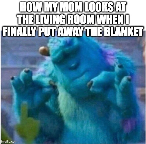 Pleased Sulley | HOW MY MOM LOOKS AT THE LIVING ROOM WHEN I FINALLY PUT AWAY THE BLANKET | image tagged in pleased sulley,clean,mom | made w/ Imgflip meme maker