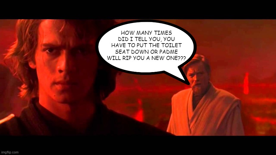 Ani's Mistake | HOW MANY TIMES DID I TELL YOU, YOU HAVE TO PUT THE TOILET SEAT DOWN OR PADME WILL RIP YOU A NEW ONE??? | image tagged in star wars liberal meme | made w/ Imgflip meme maker