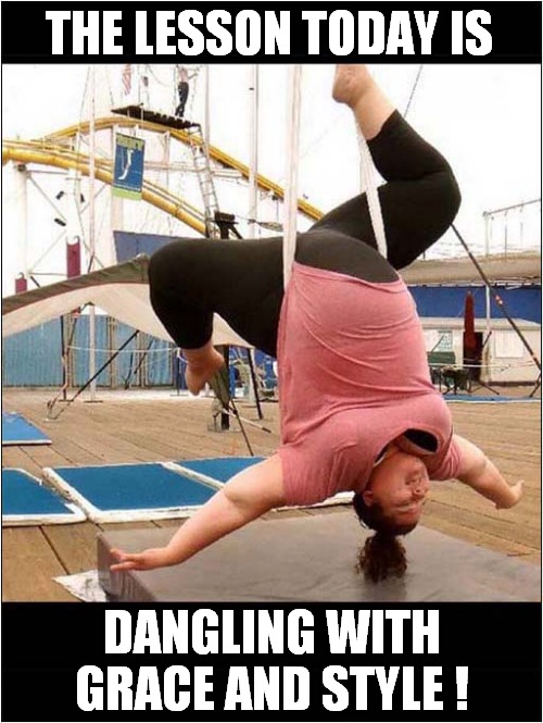 Circus School Dream ! | THE LESSON TODAY IS; DANGLING WITH GRACE AND STYLE ! | image tagged in circus,training,too heavy,front page | made w/ Imgflip meme maker